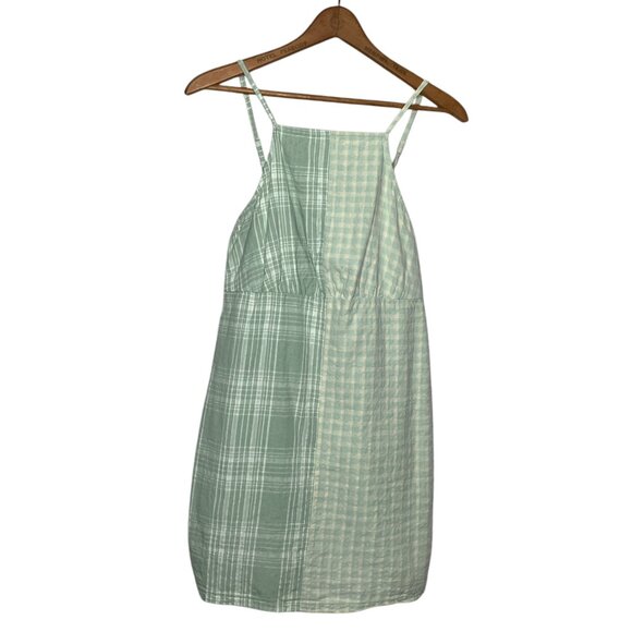 American Eagle Small S Green Plaid Cotton Linen Halter Sheath Mini Sun Dress - Picture 2 of 5